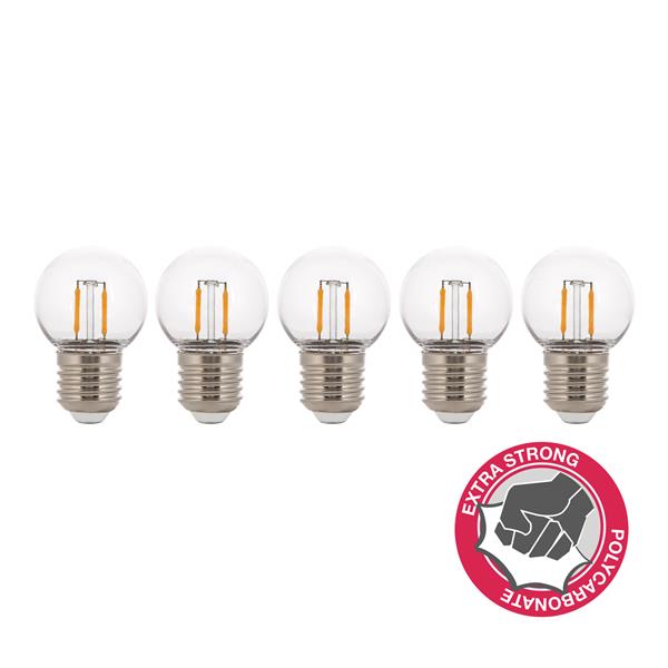 lampe LED E27 2W filament blanc chaud sécurisé IP44 (5 pièces)